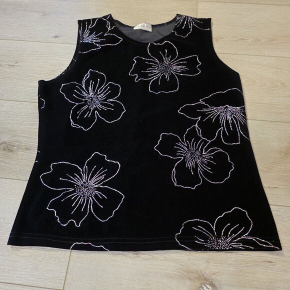 Ninety Tops - Womens Ninety Black Velvet Sleeveless Sparkly Floral Tank Cami Top Sz Sm READ